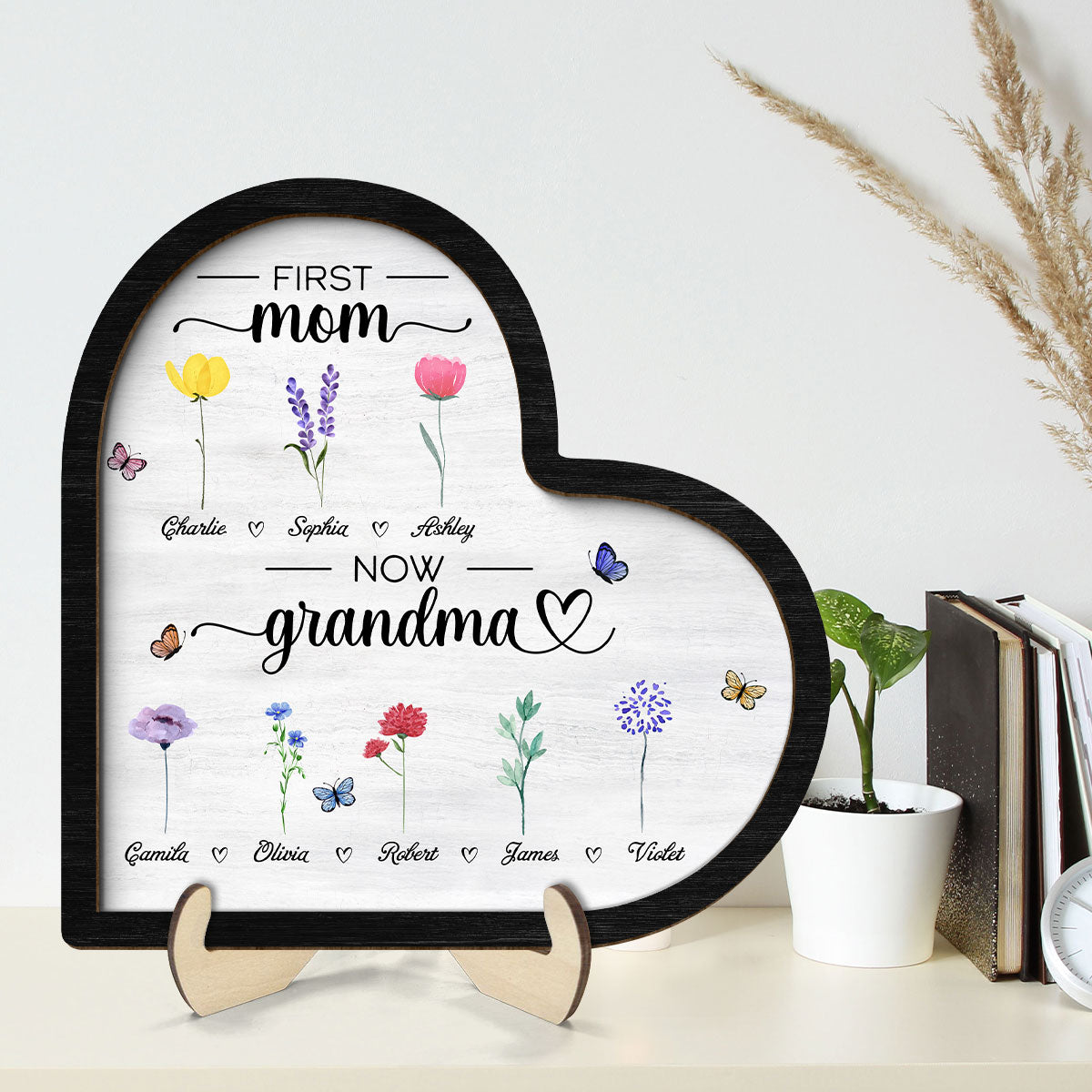 First Mom Now Grandma Birth Month Flowers Heart Shaped Personalized 2-Layer Wooden Plaque