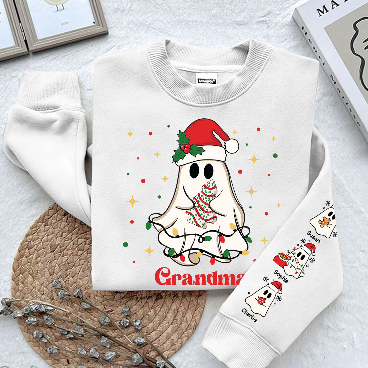 Christmas Cute Boo Grandma Grandkids Personalized Sleeve Printed Sweatshirt