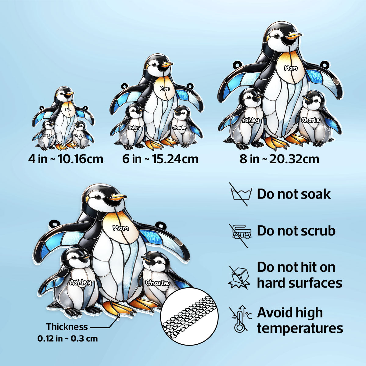 Penguin Mom and Kids - Personalized Acrylic Window Hanging - Mother's Day Gift for Mom, Wife