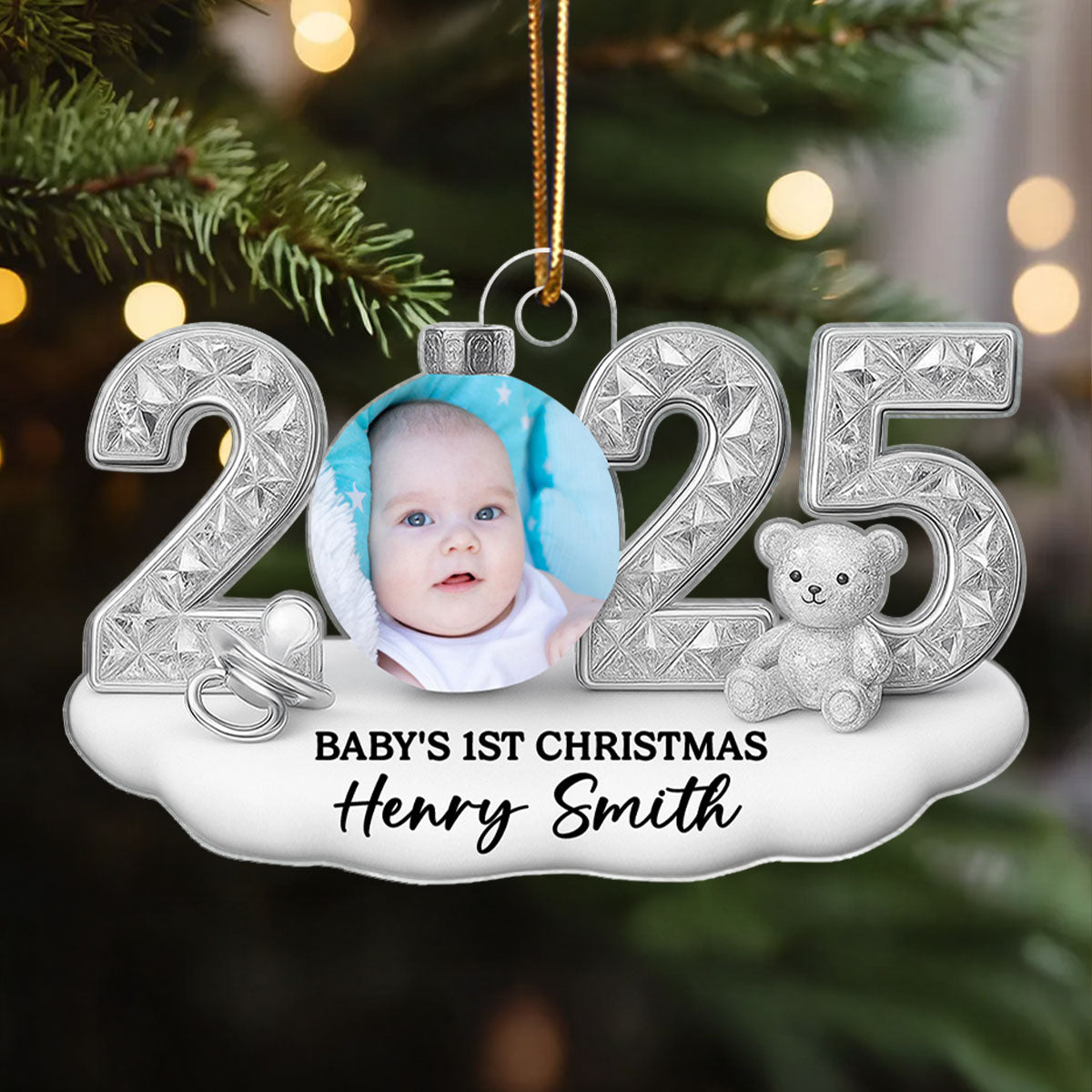 Baby Photo 2025 First Christmas - Personalized Acrylic Ornament - Christmas Gift for New Parent, Newborn Keepsake