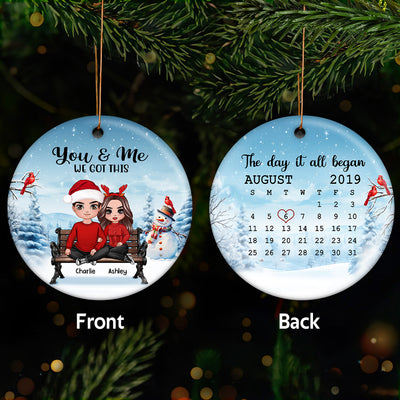 You & Me We Got This Pajamas Couple Sitting Anniversary Date Calendar Personalized Double Sided Circle Ornament
