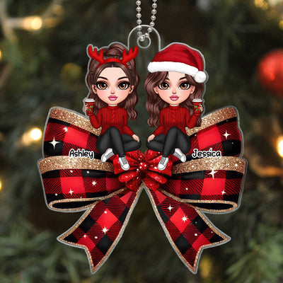 Christmas Checkered Coquette Bow Y2K Besties Personalized Acrylic Ornament, Christmas Gift For Best Friends