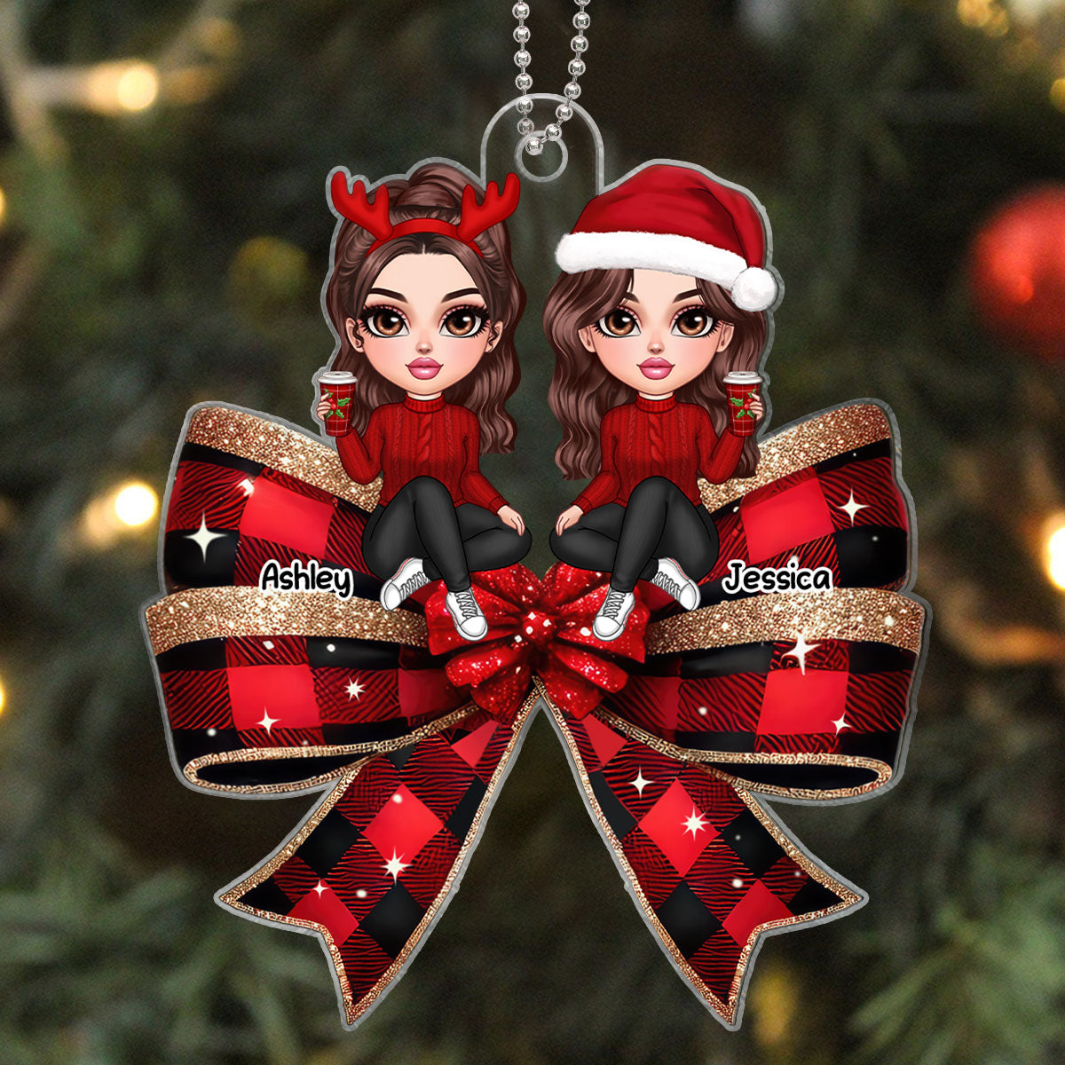 Christmas Checkered Coquette Bow Y2K Besties Personalized Acrylic Ornament, Christmas Gift For Best Friends