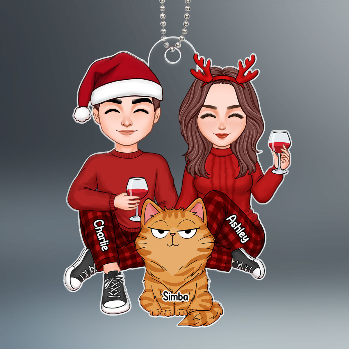 Cute Couple Sitting With Fluffy Funny Expression Cats Personalized Acrylic Ornament