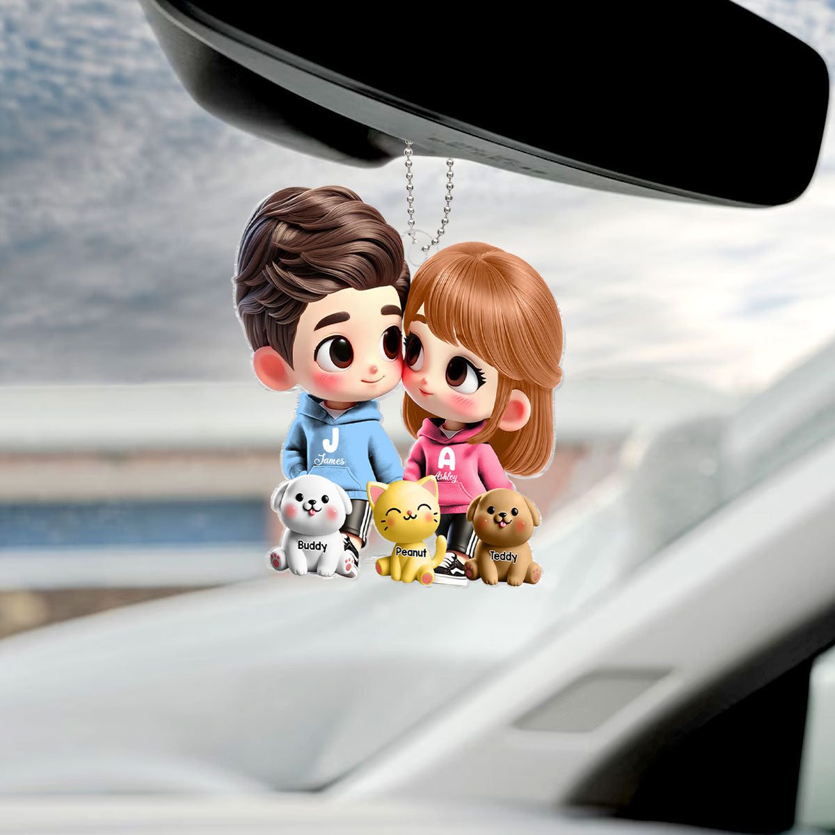 3D Effect Cute Cartoon Couple Holding Hands with Dogs Cats Personalized Acrylic Car Hanger, Anniversary &  Gift for him, Gift for her