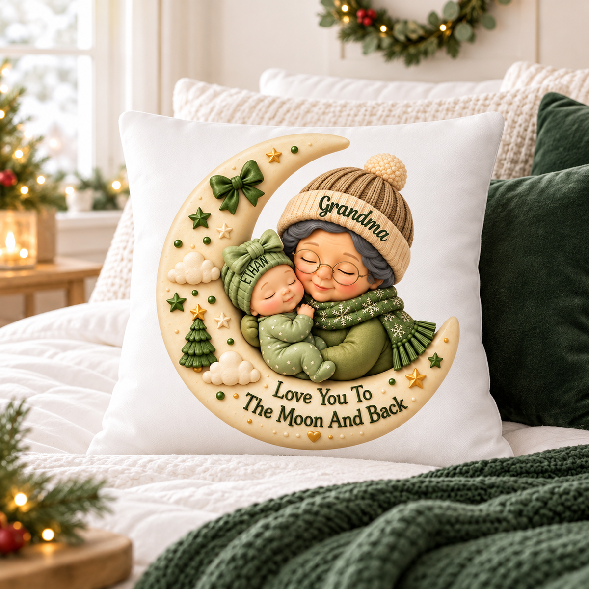 First Christmas as Grandma Love to the Moon and Back - Personalized Pillow - Christmas Gift for Grandma