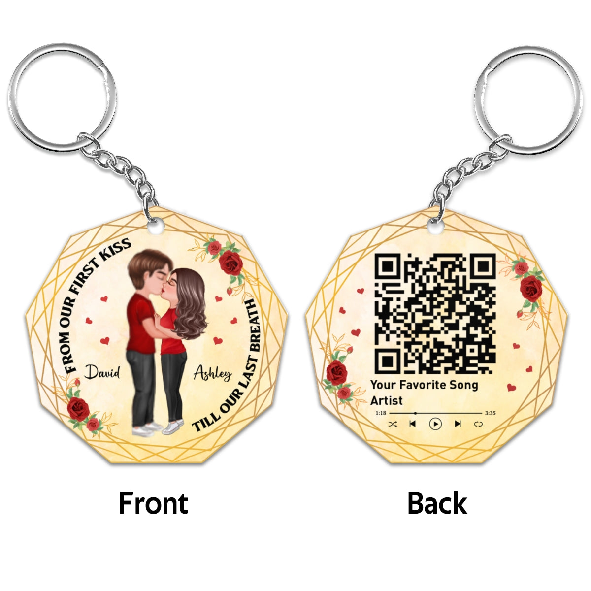 Doll Couple Kissing Favorite Song Scannable QR Code Personalized Nonagon Acrylic Keychain