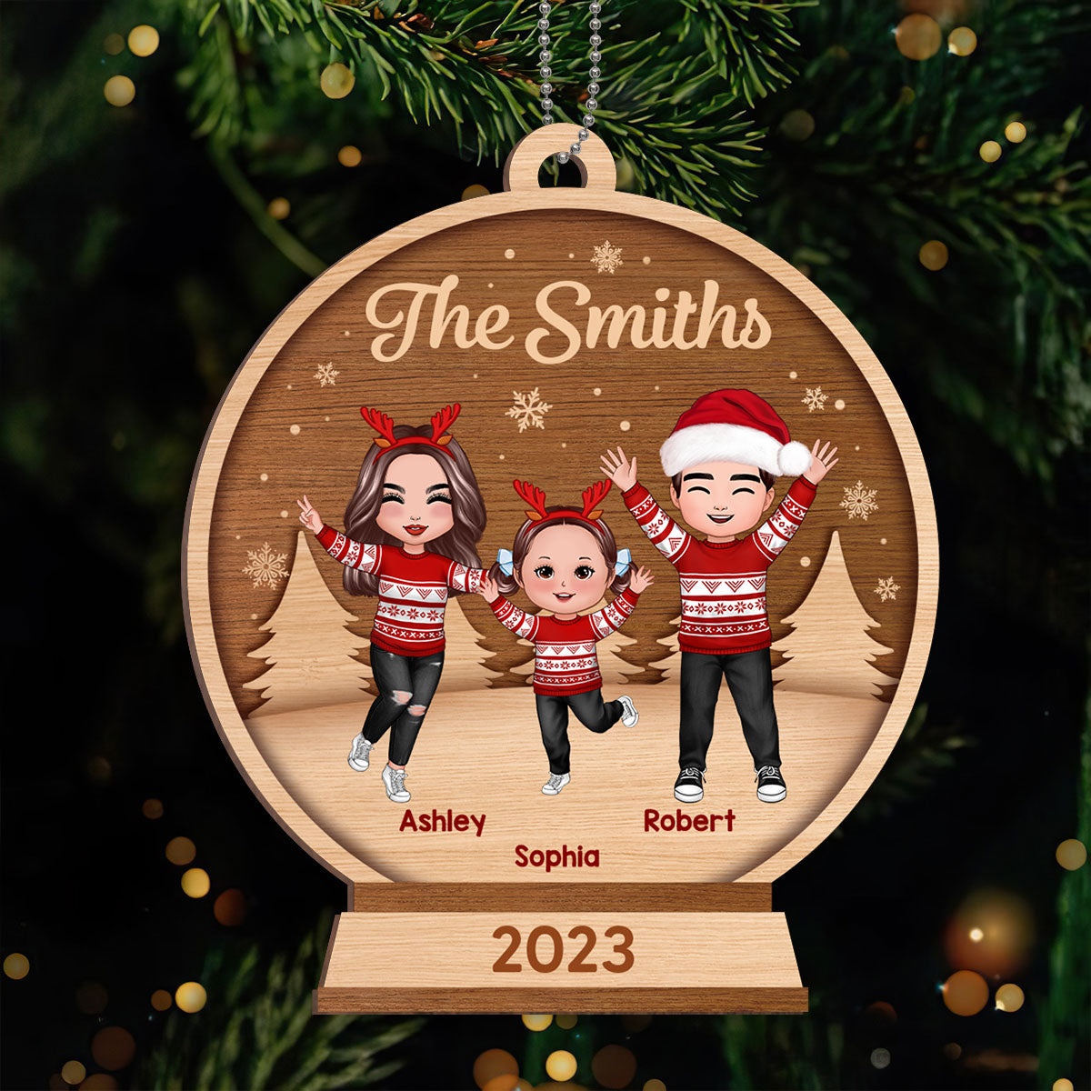 Happy Christmas Doll Family In Snow Globe Personalized Wooden Ornament
