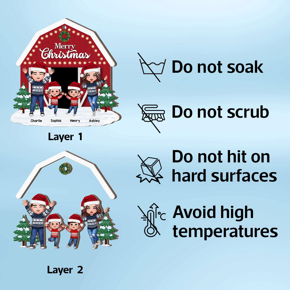Christmas Farm House Family Decor Gift Personalized 2-Layer Wooden Ornament