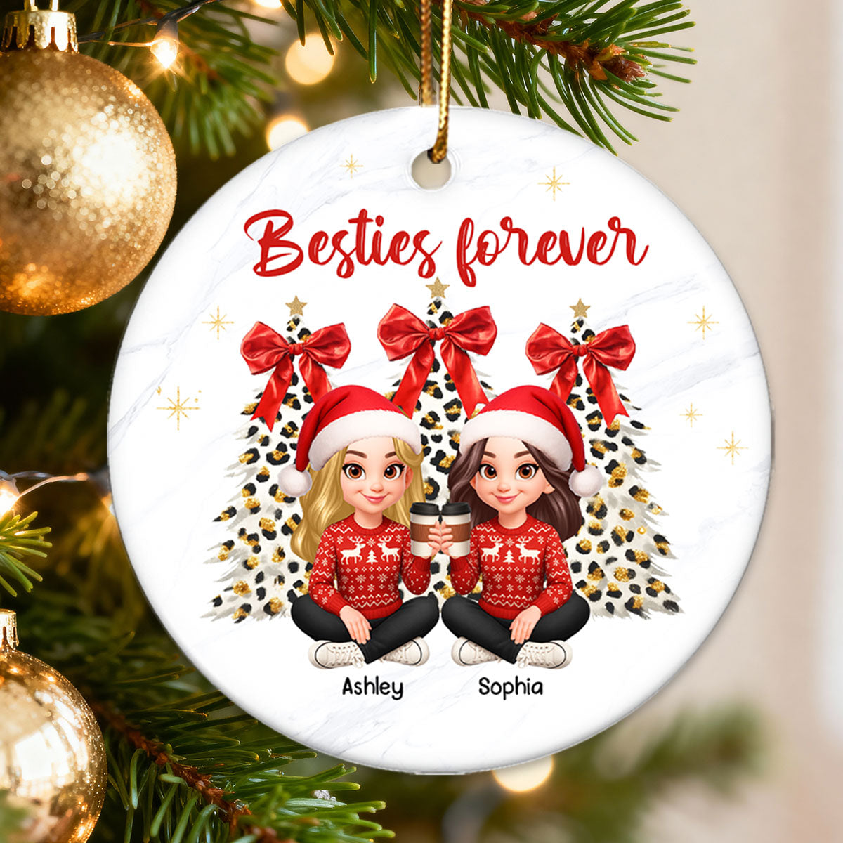Besties Forever Leopard Coquette Christmas Tree - Personalized Ceramic Ornament