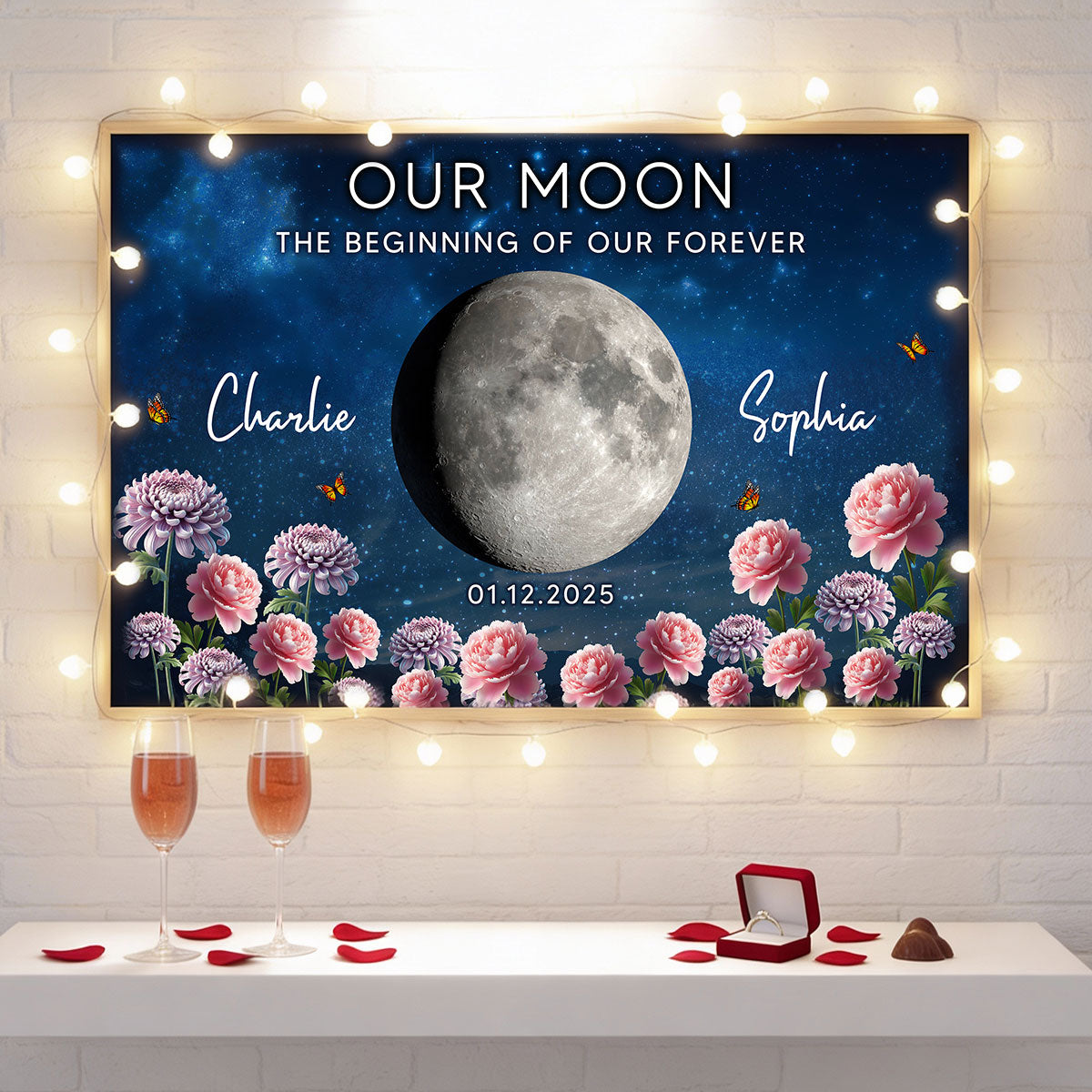 Couple Custom Moon Phase Anniversary Date Birth Month Flowers - Personalized Poster - Valentine's Day Gift For Couple