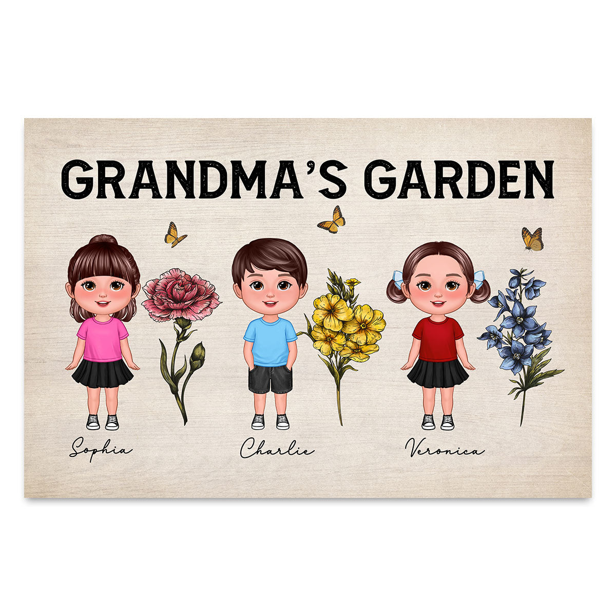 Grandma‘s Garden Cute Grandkids Standing With Beautiful Vintage Birth Flowers Personalized Poster