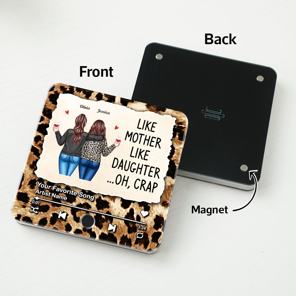Like Mother Like Daughter Leopard Pattern Personalized Music Fridge Magnet, Funny Gift for Mom, Gift for her