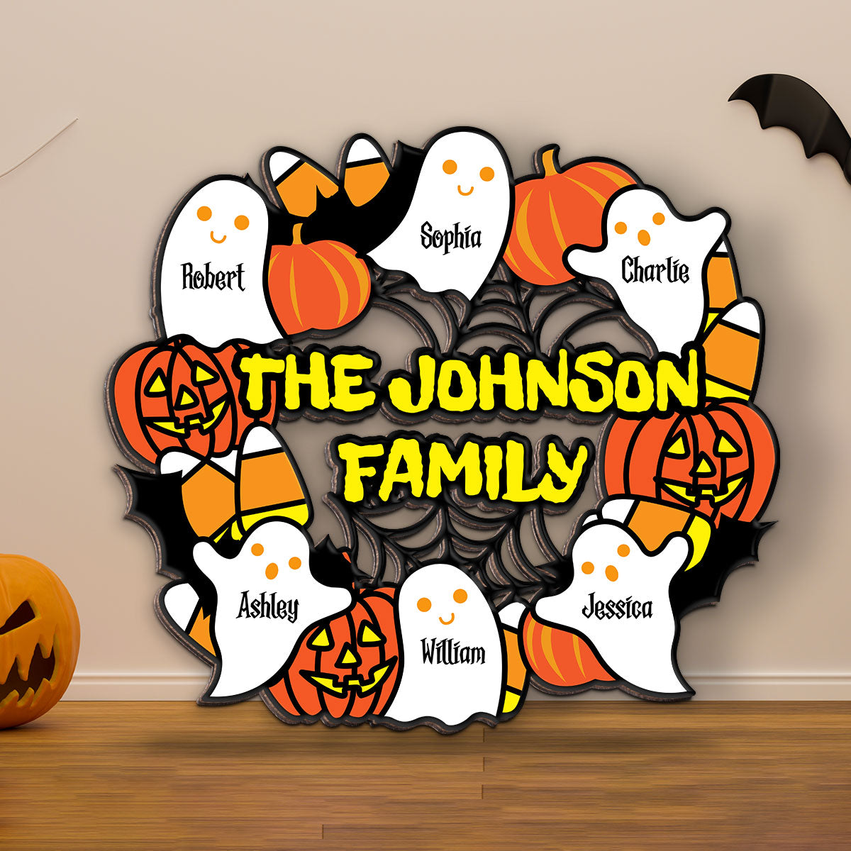 Halloween Family Wreath Shaped Personalized Wood Sign
