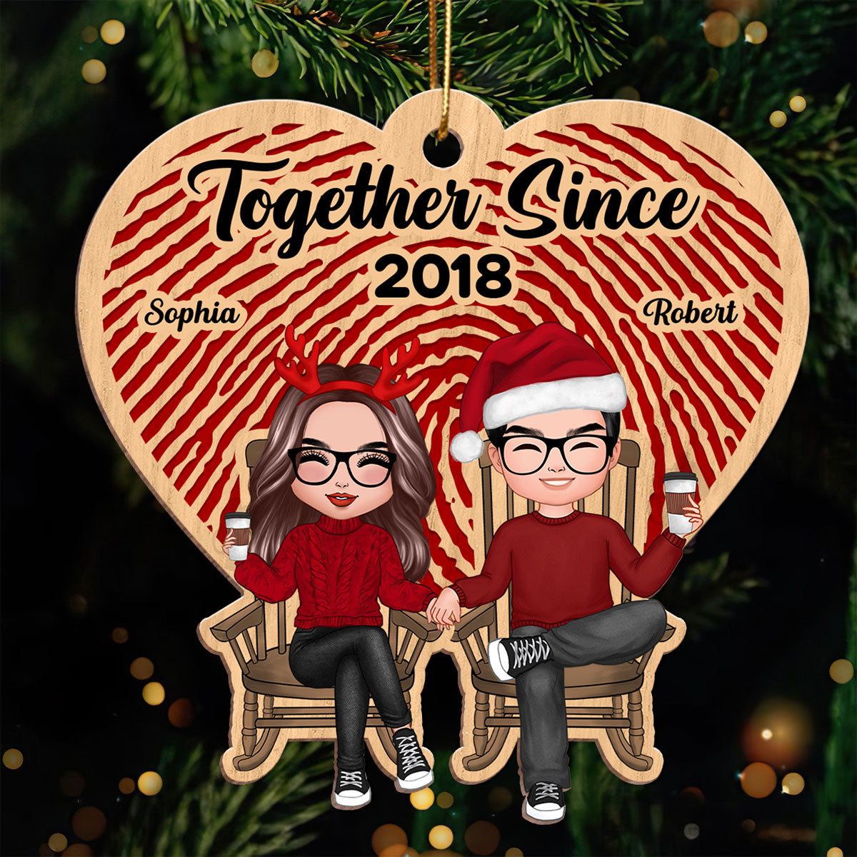 Heart Fingerprints Doll Couple Sitting Personalized Wooden Ornament