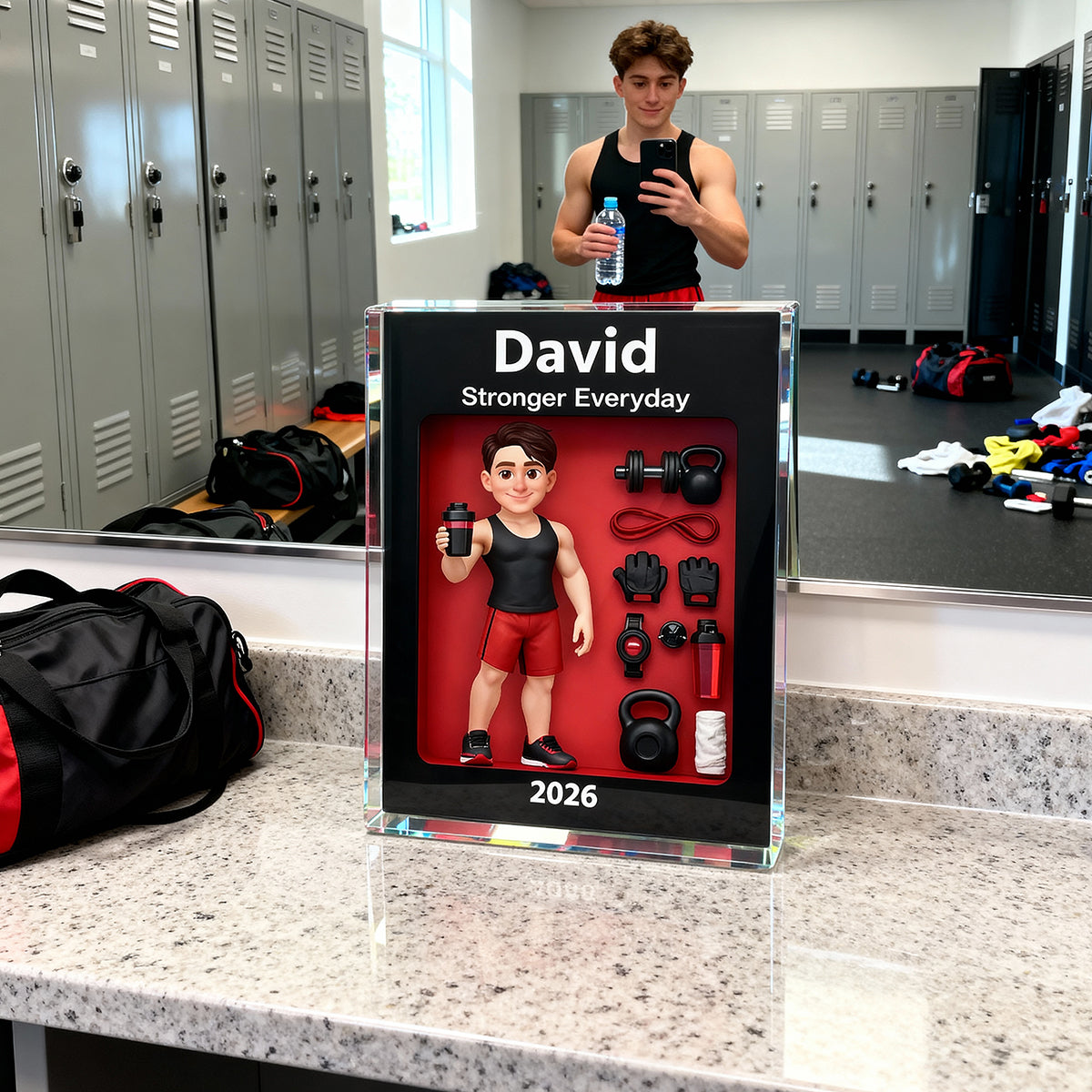 Gym Lover Stronger Everyday 3D Action Figure - Personalized Acrylic Block Plaque - Gift for Gym Lover