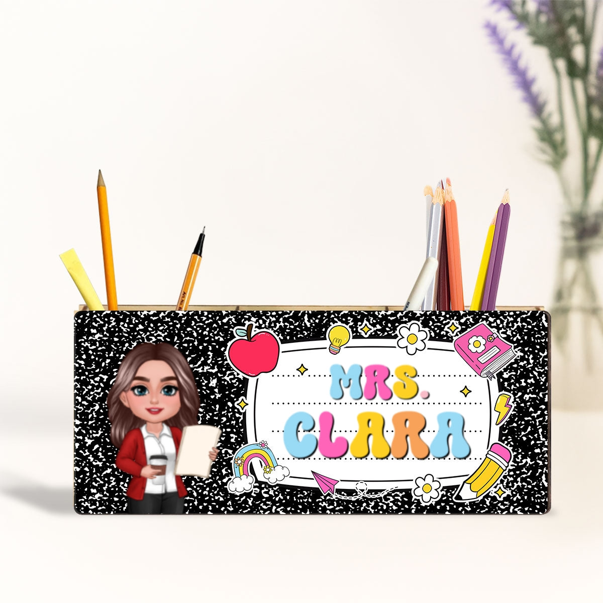 Teacher Composition Book Pattern Personalized Pencil Holder, Back To School Gift