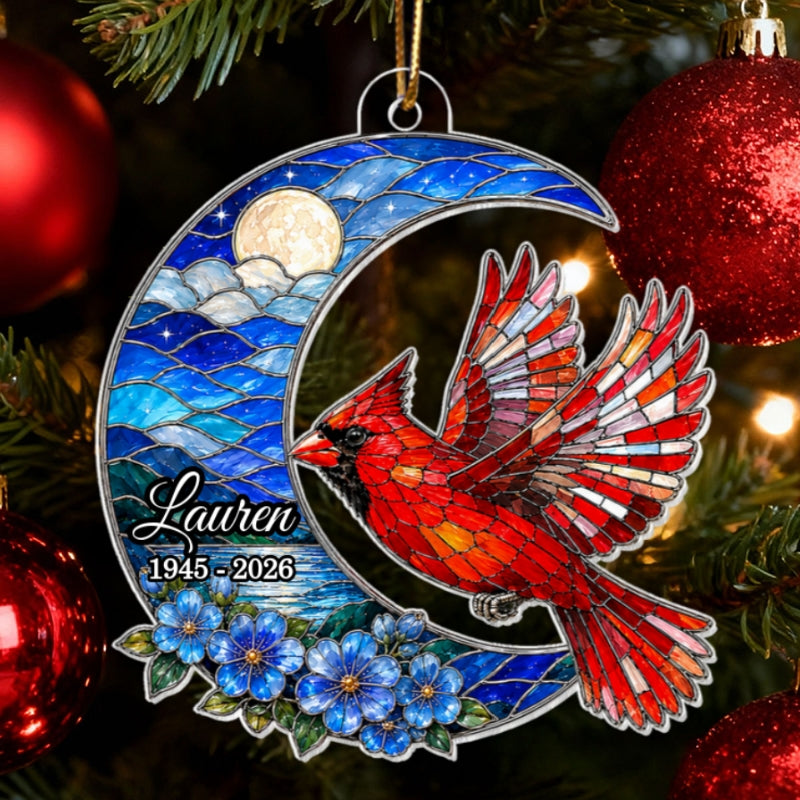 Cardinal Beneath the Blue Moon - Personalized Acrylic Ornament - Memorial Sympathy Gift