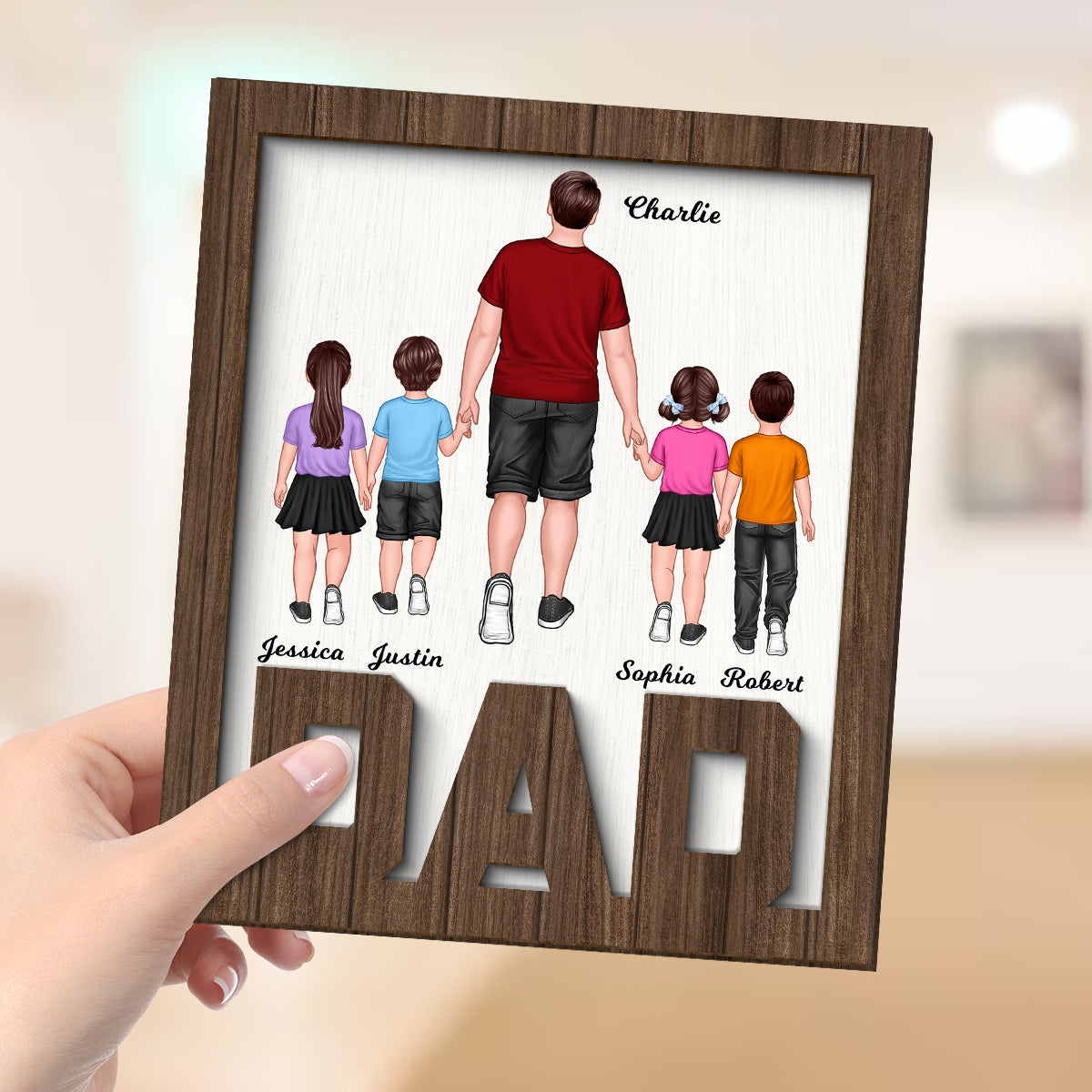 Dad And Kids Walking Back View Personalized 2-Layer Wooden Plaque