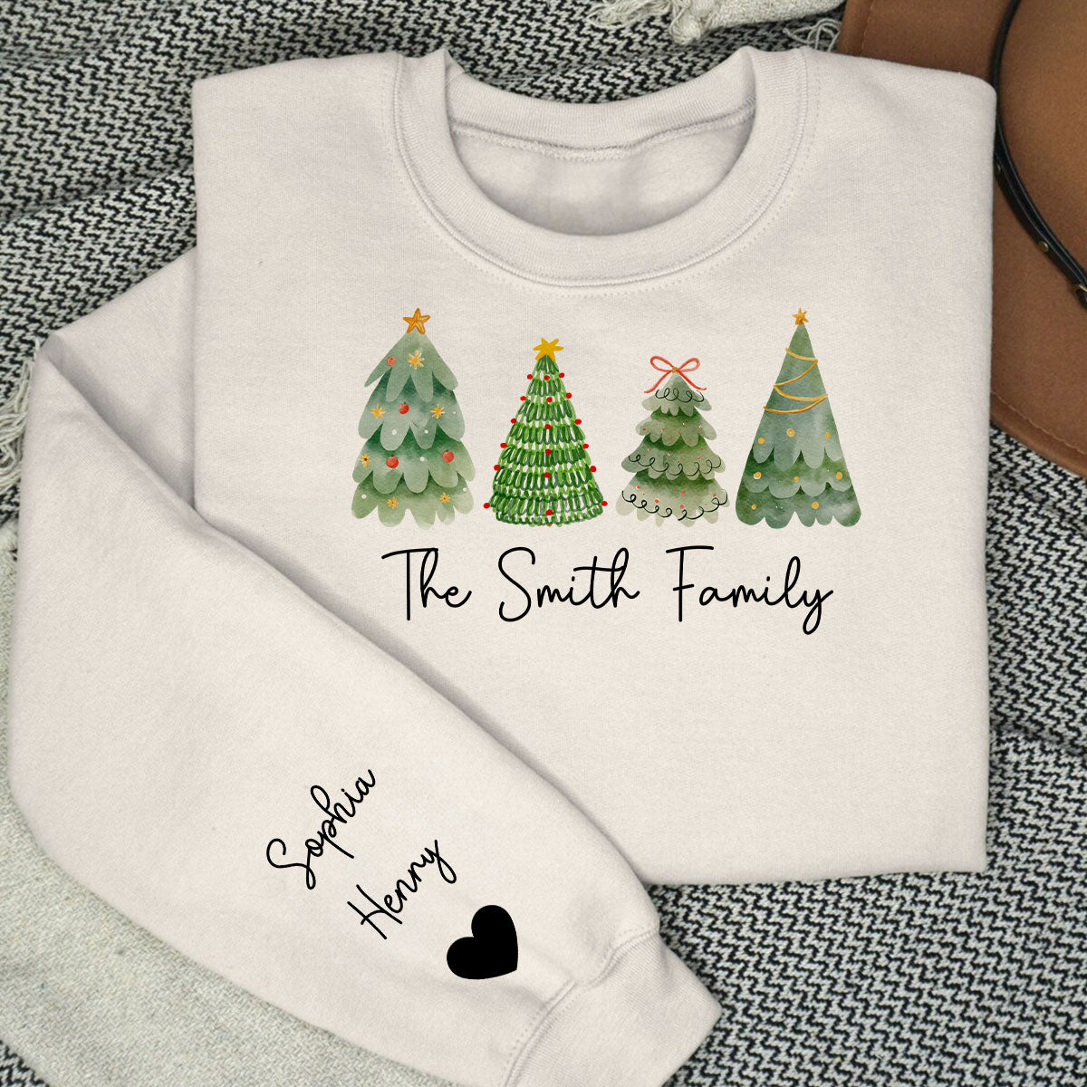 Family Christmas Tree Watercolor Personalized Sleeve Printed Sweatshirt