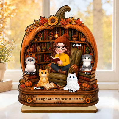 Reading Girl Who Loves Books And Her Cats - Personalized 2-Layered Wooden Plaque - Fall Season Decor Gift, Gift For Book Lovers