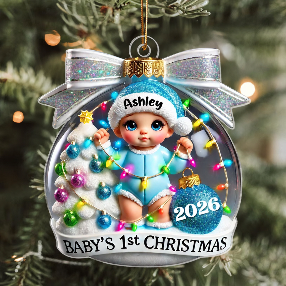 3D Effect Baby First Christmas Personalized Acrylic Ornament, Christmas Tree Bow, New Parents Keepsake, Gift for Newborn