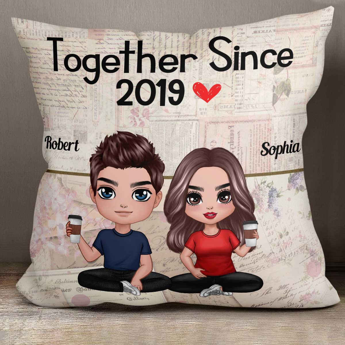 Doll Couple Sitting Together Since Floral Old Paper Personalized Pillow