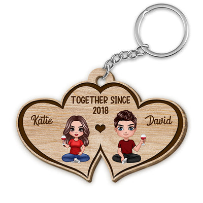 Double Heart Couple Personalized Wooden Keychain