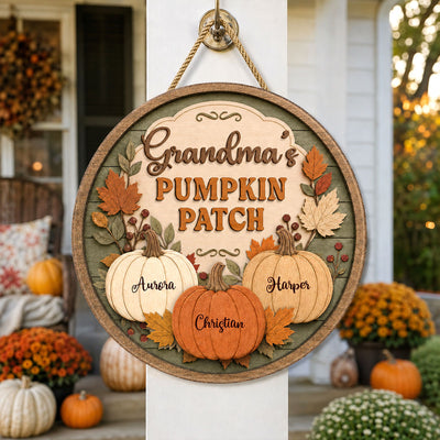 Grandma's Pumpkin Patch Vintage Style 2D Flat Printed - Personalized Door Hanger - Fall Season Decor For Grandparents