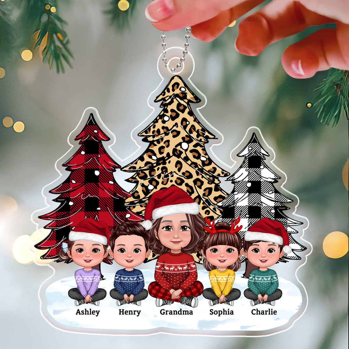 Leopard Checkered Pattern Christmas Tree Grandma Grandkids - Personalized Acrylic Ornament