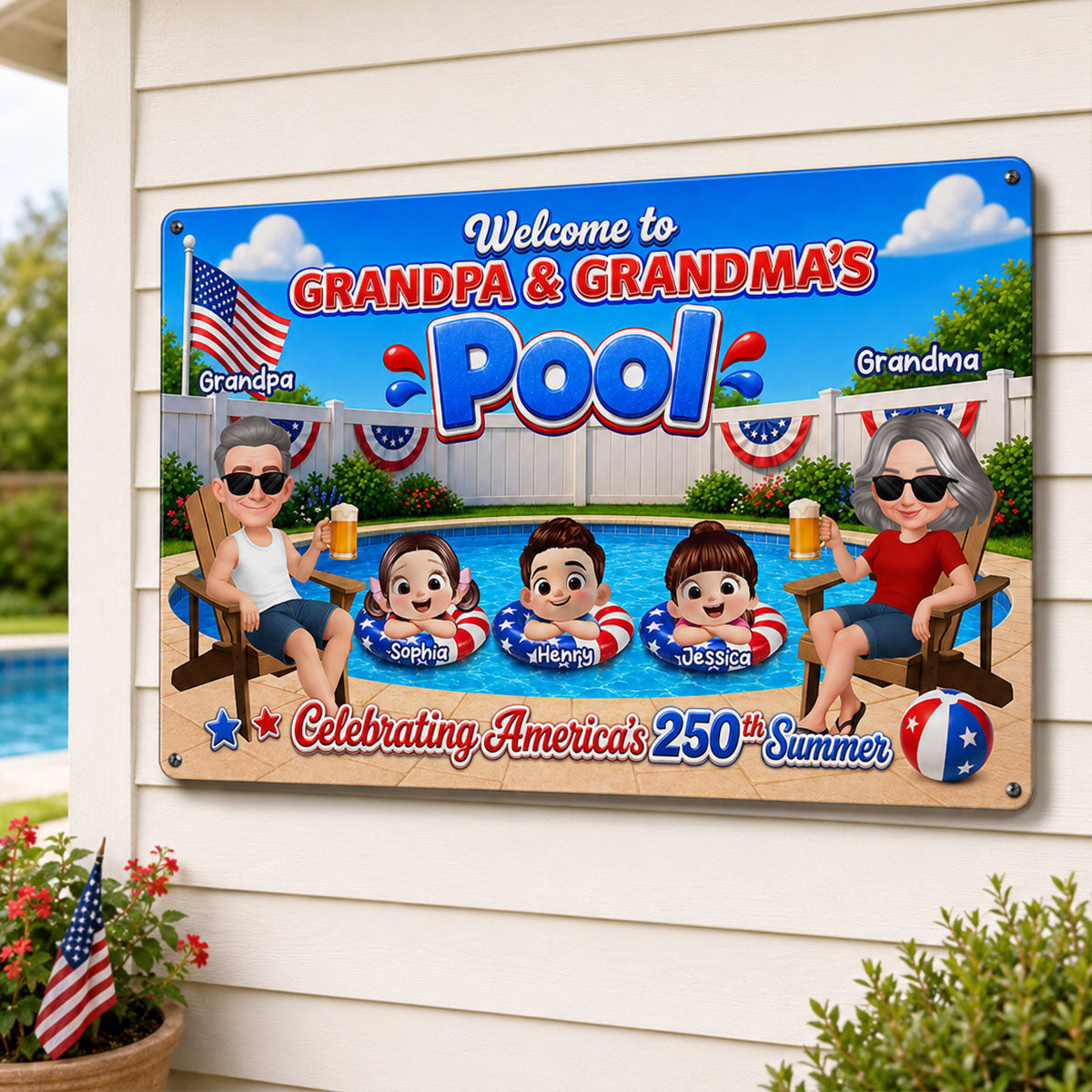 Welcome To Grandma Grandpa Pool America 250th Anniversary - Personalized Metal Sign - Gift For Grandparents, Summer Decoration