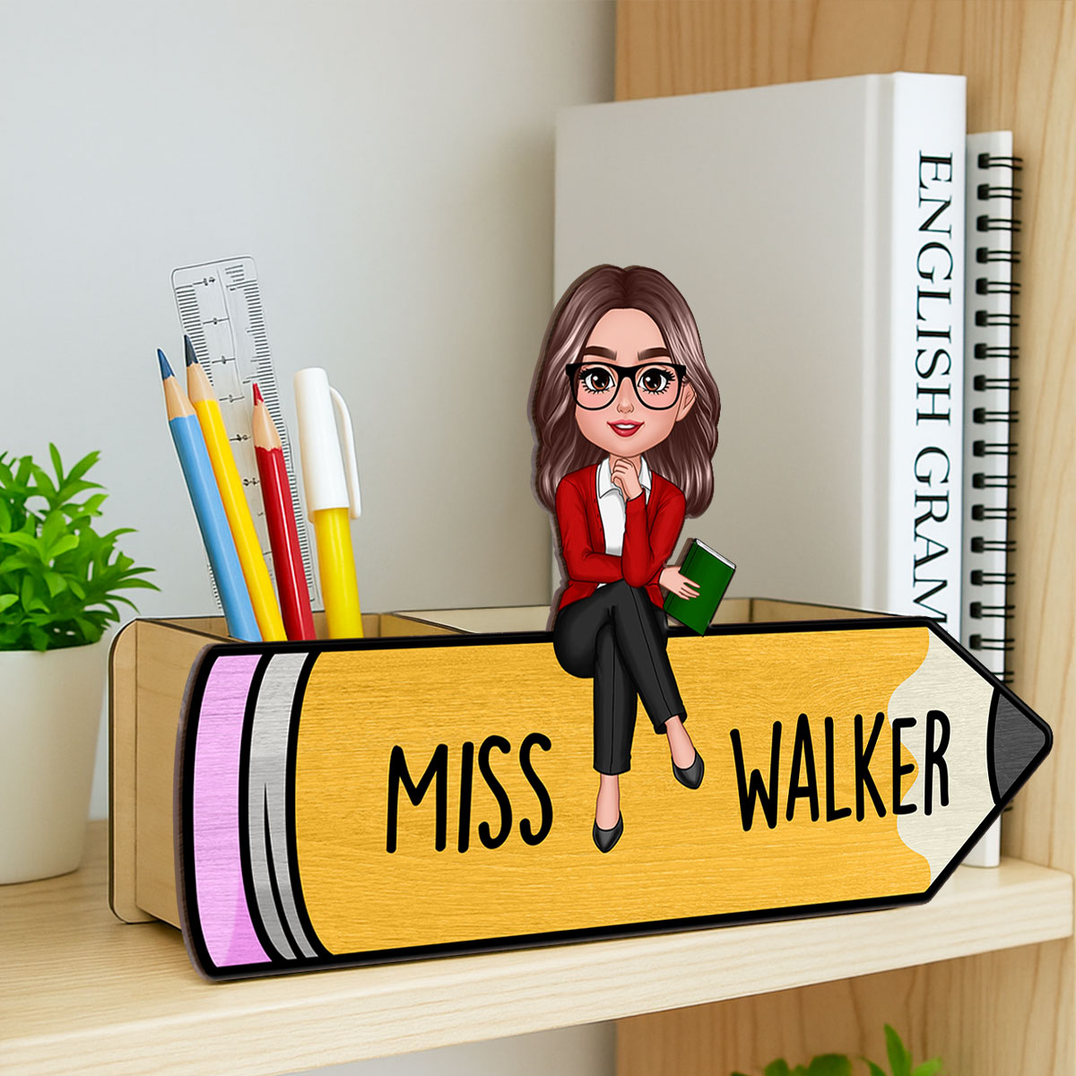 Doll Teacher Sitting On Pencil Personalized Wooden Pen Pencil Holder, Back To School Gift