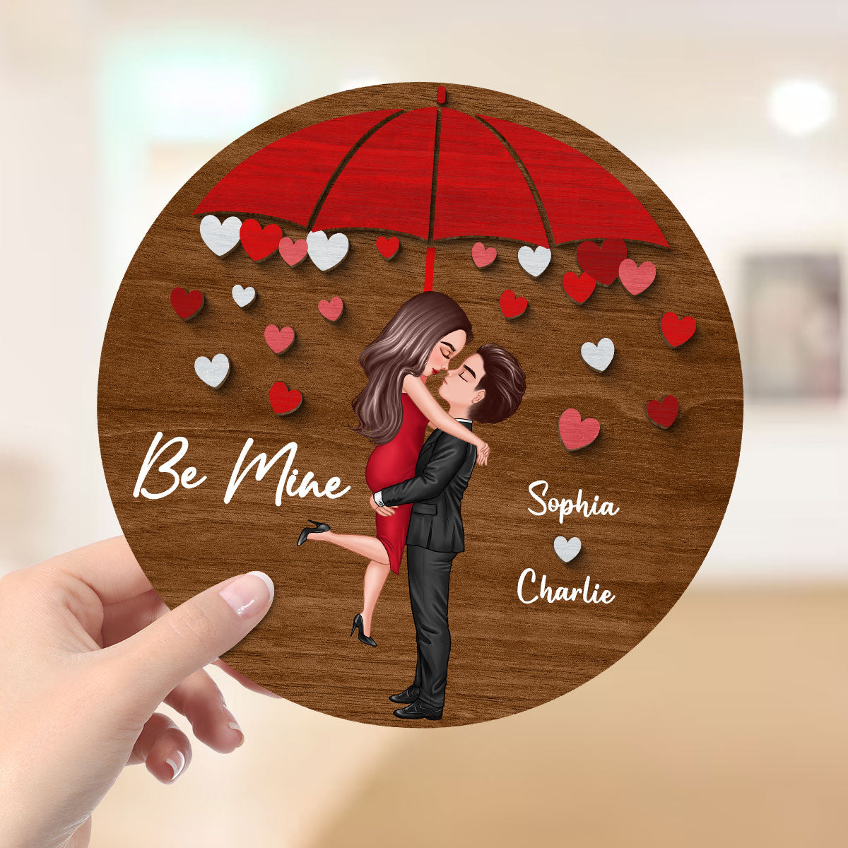 Couple Hugging Kissing Under Umbrella Valentine‘s Day Gift Personalized 2-layer Wooden Plaque