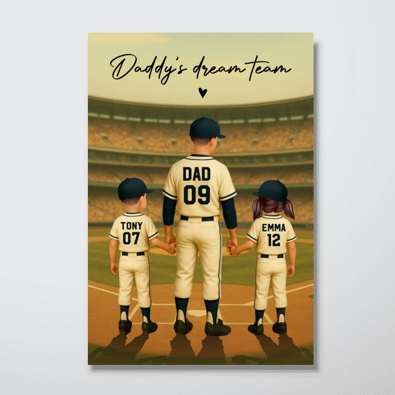 Daddy's Dream Team No. 1 Dad Man & Kids Baseball Retro Personalized Poster