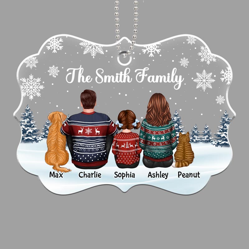 Family Dad Mom Kids Dogs Cats Snow Background Birthday, Anniversary Gift - Personalized Acrylic Ornament