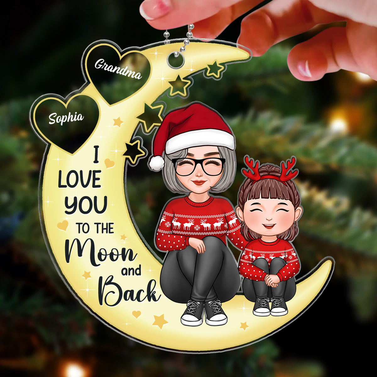 Yellow Moon Cute Grandma Grandkid Sitting Hugging Knees To Chest Love You To the Moon And Back Personalized Acrylic Ornament