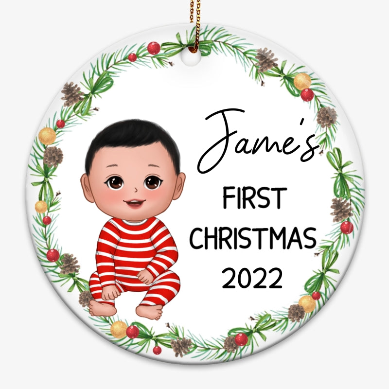 Christmas Wreath Baby First Christmas Doll Personalized Circle Ornament