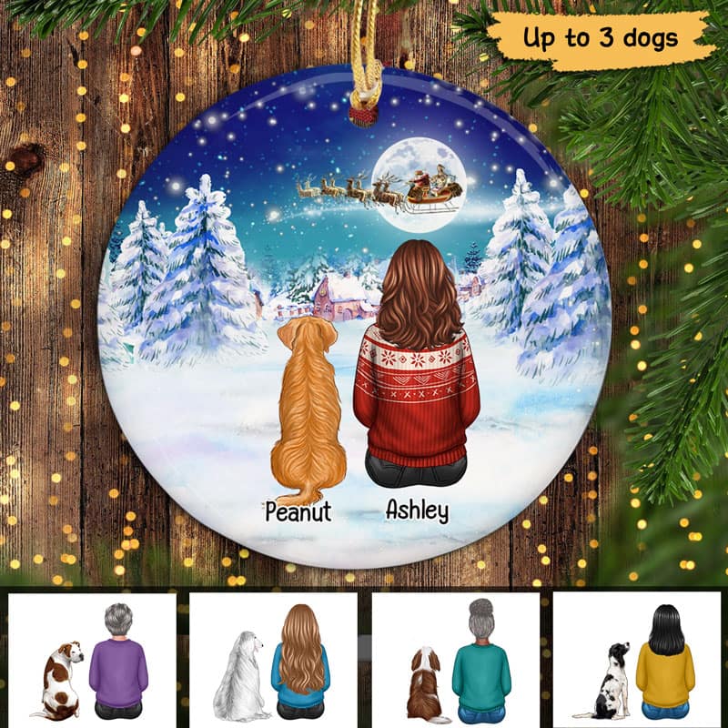 Woman And Dog Sitting Christmas Night Personalized Circle Ornament