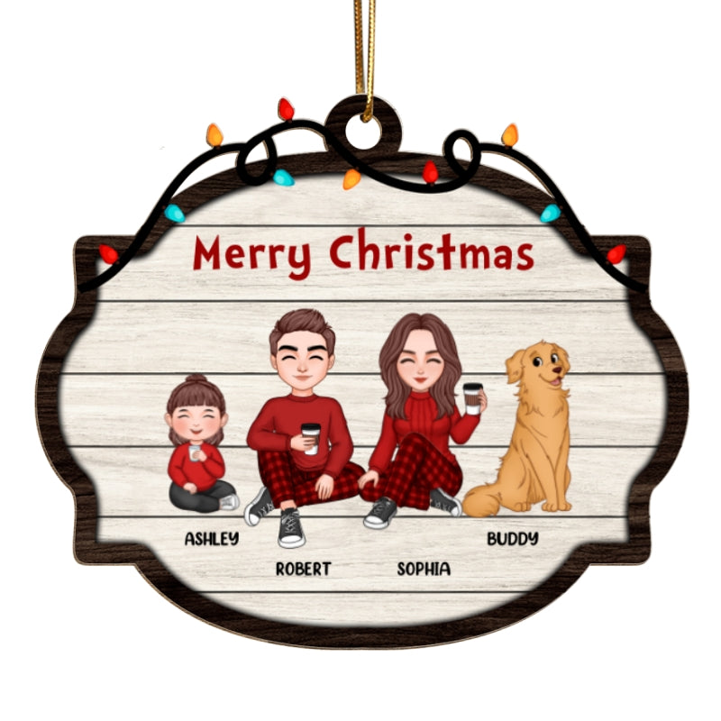 Cute Family Dad Mom Kids Dogs Cats Sitting Christmas Light String Personalized Wooden Ornament