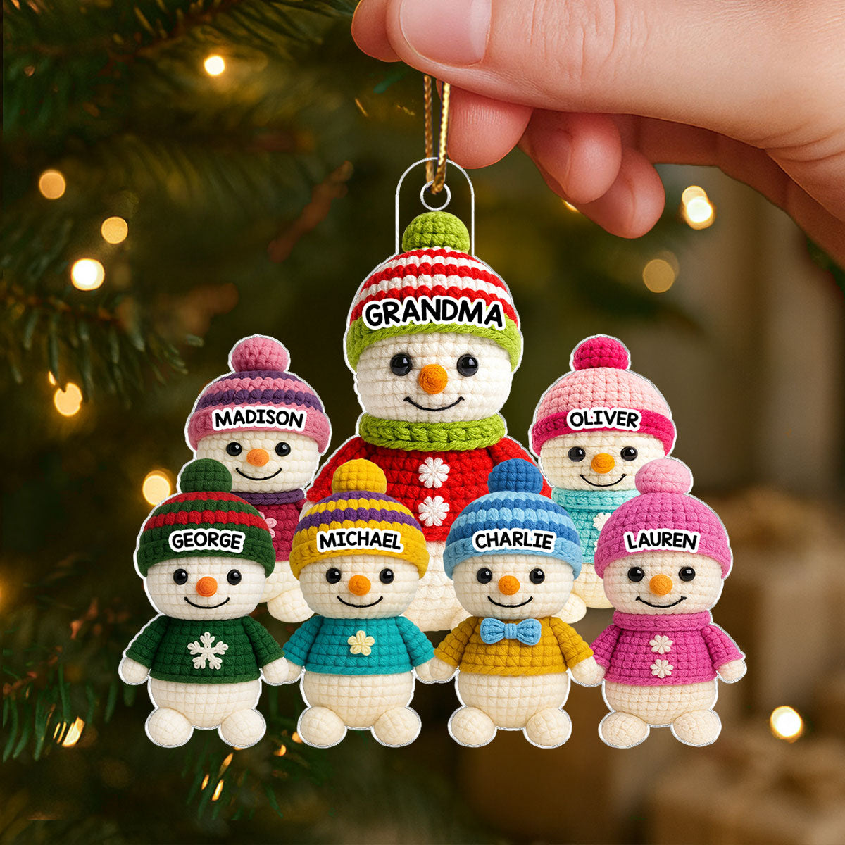 Heartwarming Grandma Grandkids Snowman 3D Crochet Effect - Personalized Acrylic Ornament - Christmas Gift for Grandmas