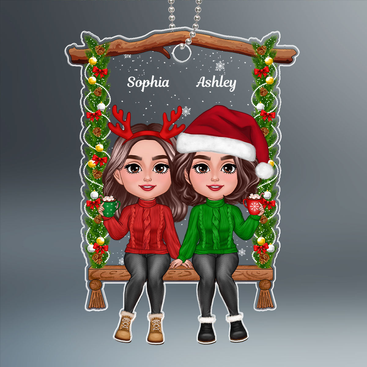 Besties Sisters Sitting On Christmas Swing Personalized Acrylic Ornament