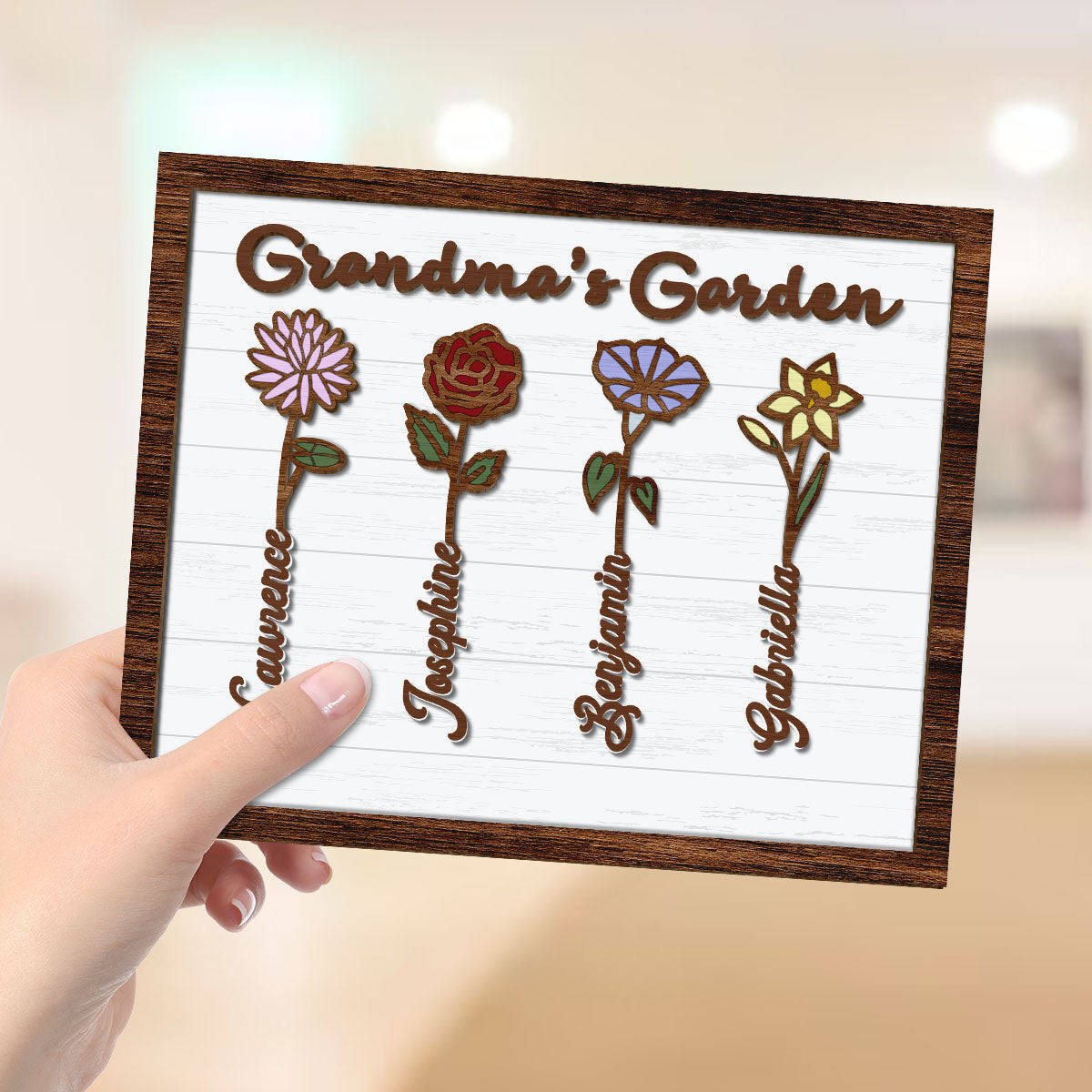 Grandma Mom Birth Month Flowers Love Grows Here Personalized 2-layer Wooden Plaque