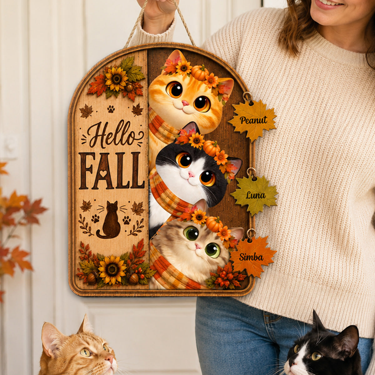 Hello Fall Peeking Cats 2D Flat - Personalized Door Sign - Fall Season Decor For Cat Lovers