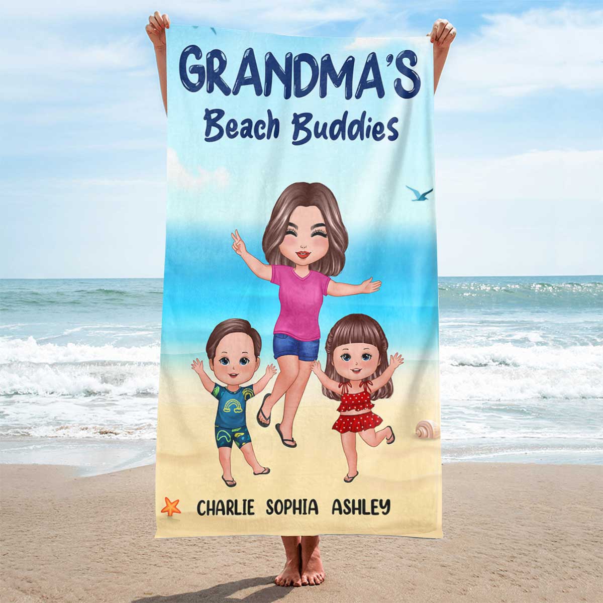 Grandma Mom Beach Buddies Happy Doll Grandma Mom And Kids On The Beach Personalized Beach Towel