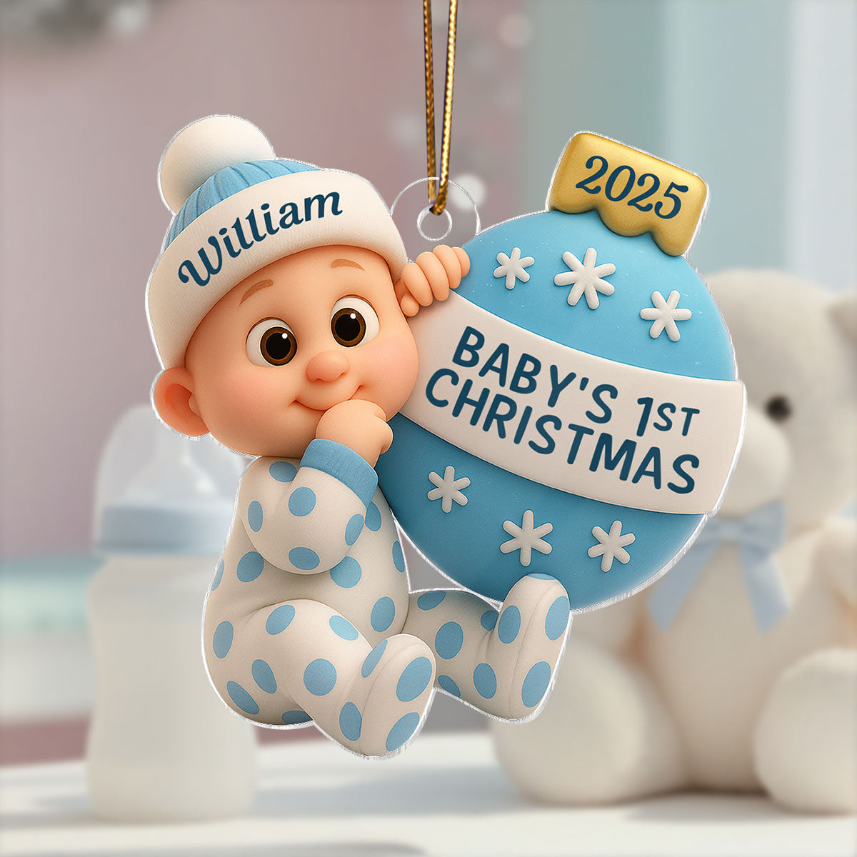 3D Effect Cute Cartoon Baby Beside Christmas Bauble Baby's 1st Christmas Personalized Acrylic Flat Ornament