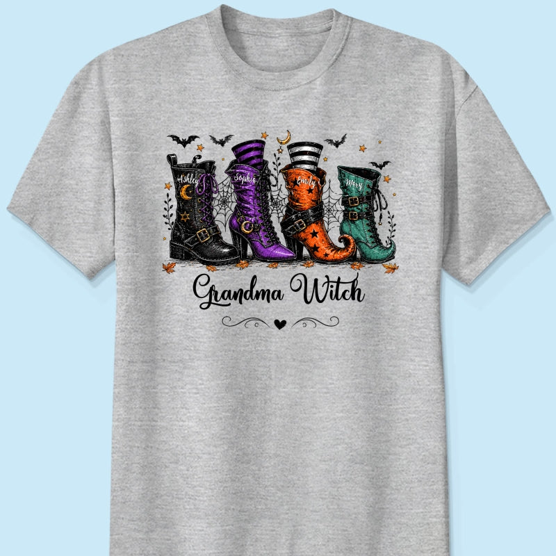 Grandma Witch Boots With Grandkids’ Names – Personalized Shirt – Halloween Gift For Grandma