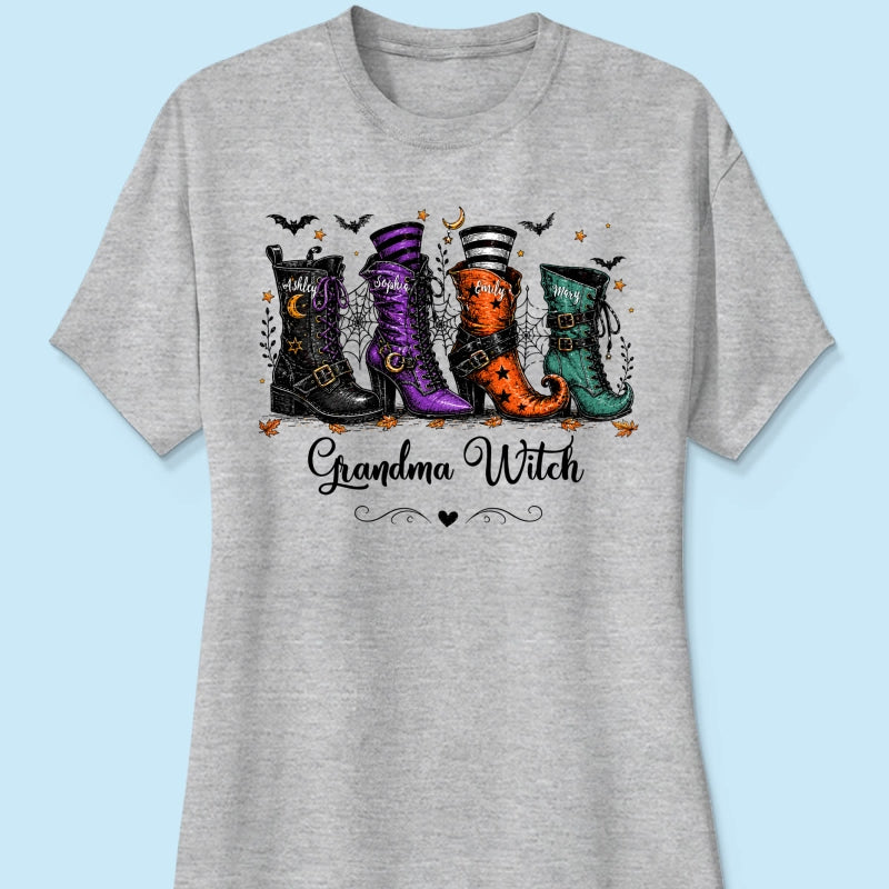 Grandma Witch Boots With Grandkids’ Names – Personalized Shirt – Halloween Gift For Grandma