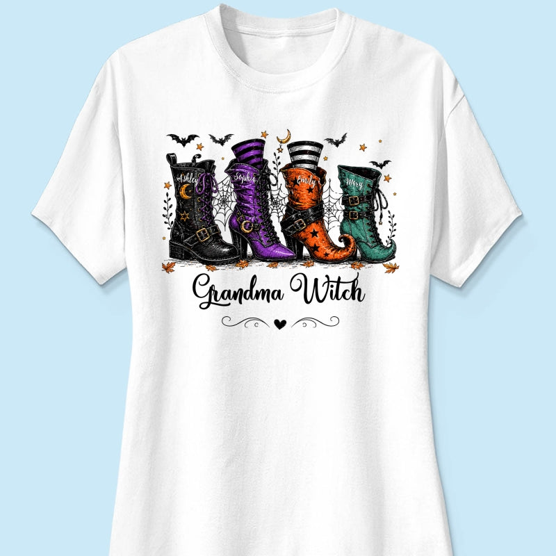 Grandma Witch Boots With Grandkids’ Names – Personalized Shirt – Halloween Gift For Grandma