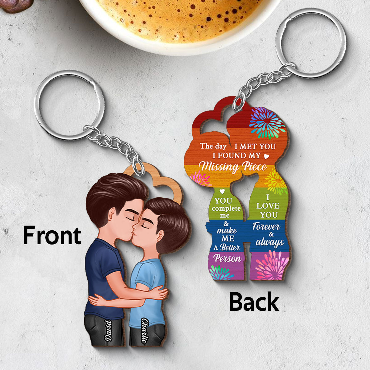 LGBTQ Couple Kissing Personalized Wooden Keychain, Pride Month Gift