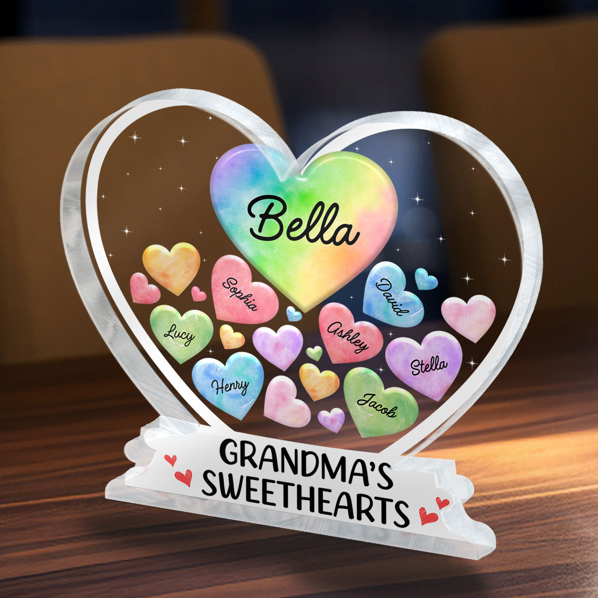 Grandma‘s Sweethearts Colorful Hearts In Heart Personalized Acrylic Block Plaque, Mother’s Day Gift For Grandma, Mom